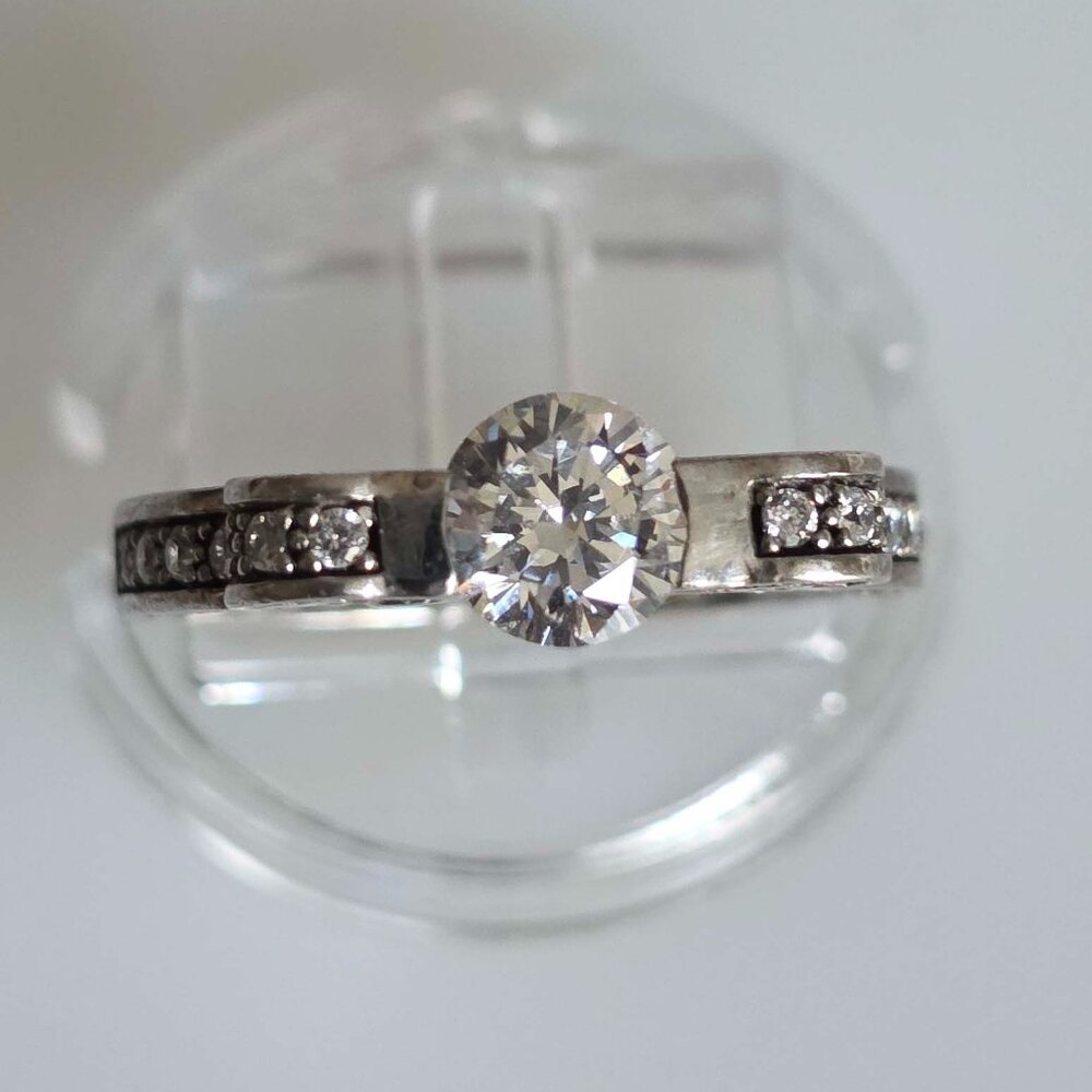 Sterling Silver 925 CZ Center Solitaire Accented with Bezel CZ Ring